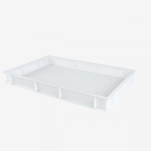 Caisse finement ajourée blanc plastique 60x40x7 cm 12 L fond ajouré parois ajourées Gilac